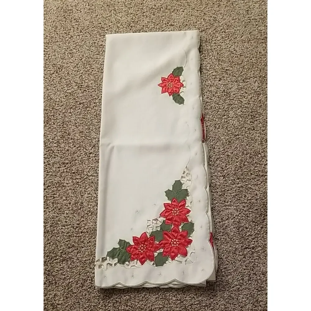 Vtg Poinsettia‎ Applique Christmas Lace Cut Work Tablecloth 52